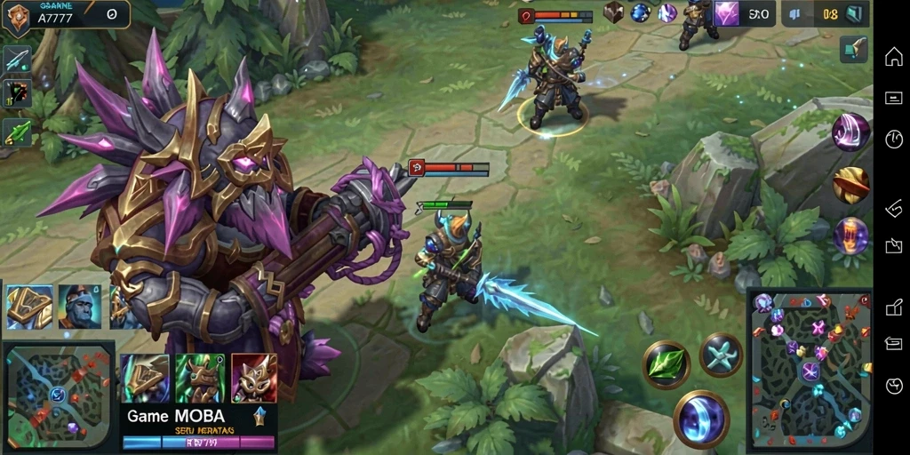 Screenshot utama A7777 menampilkan pertarungan seru di arena MOBA.