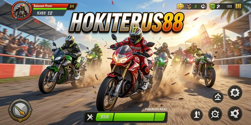 Tampilan gameplay balapan motor HOKITERUS88 yang intens.