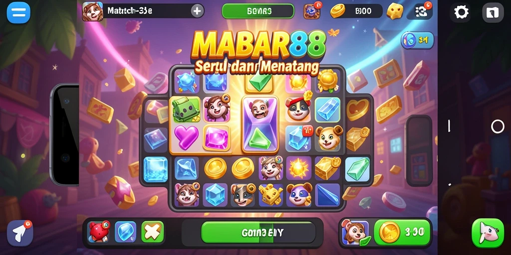 Tampilan gameplay MABAR88 dengan elemen Match-3 yang berwarna warni.
