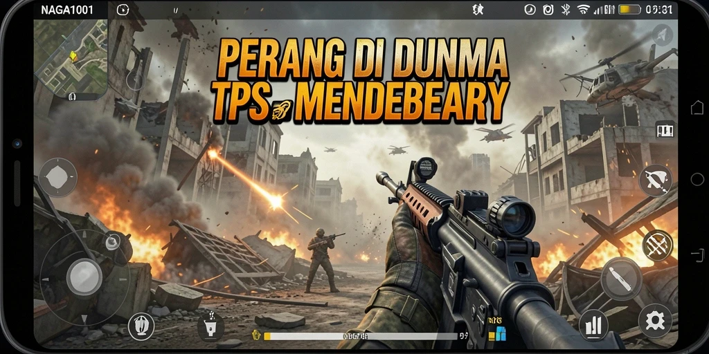 Screenshot utama NAGA1001 menunjukkan aksi tembak-menembak intens.
