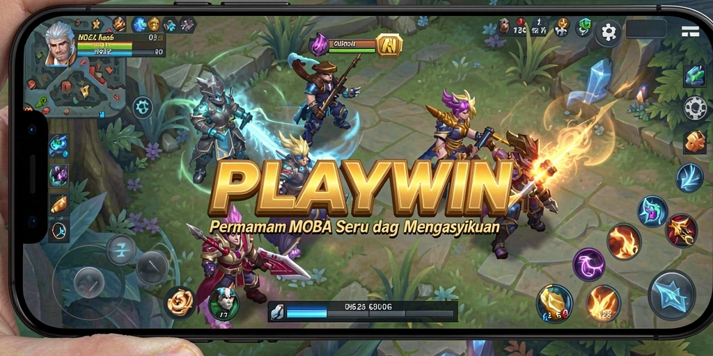 Screenshot gameplay PLAYWIN menampilkan aksi seru di battlefield MOBA.