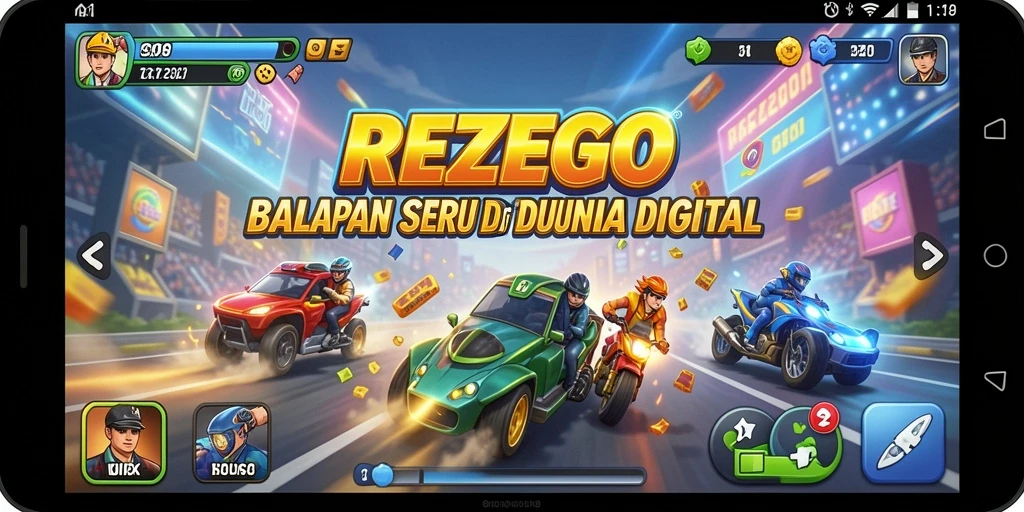 Screenshot gameplay REZEGO menampilkan balapan mendebarkan di trek yang menantang.