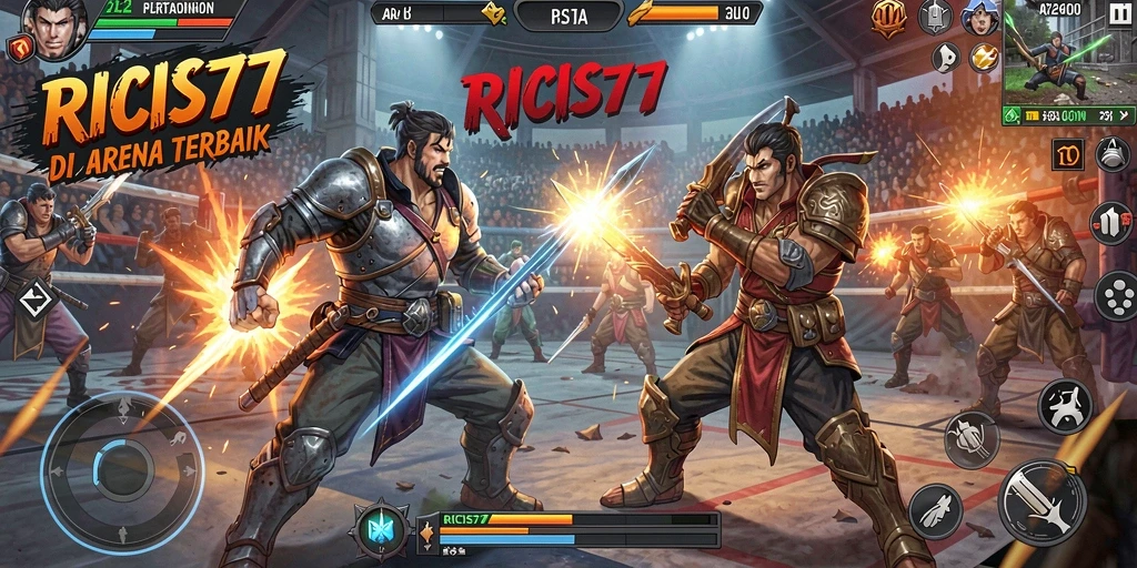 Screenshot utama RICIS77 menampilkan pertarungan karakter yang mendebarkan.